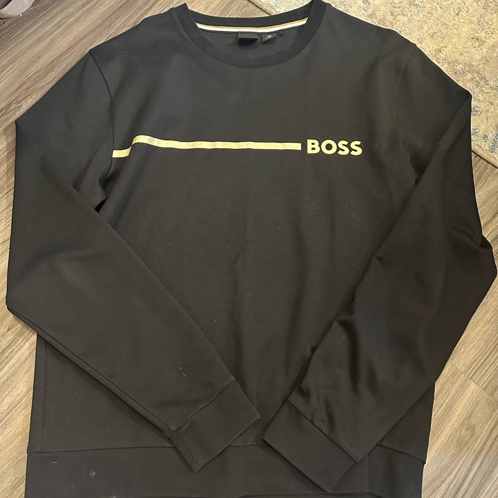 BOSS Black Crewneck Sweater with Gold Accent